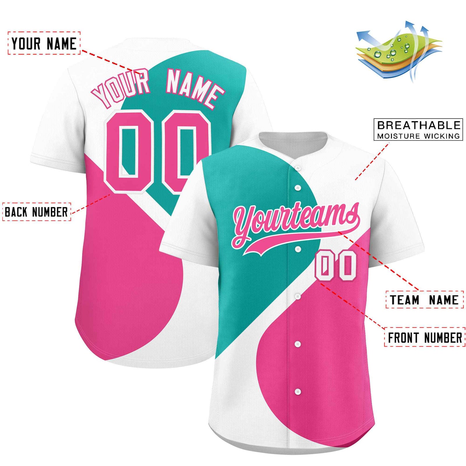 Custom White Aqua-Pink Color Block Personalized Half Heart Pattern Authentic Baseball Jersey