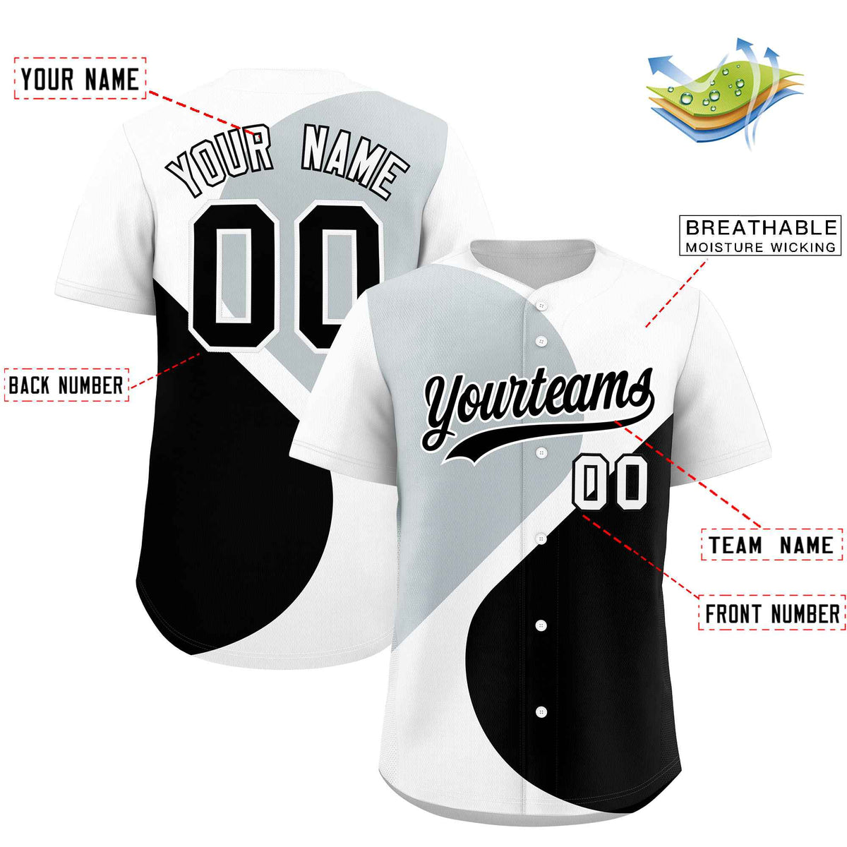 Custom White Silver-Black Color Block Personalized Half Heart Pattern Authentic Baseball Jersey