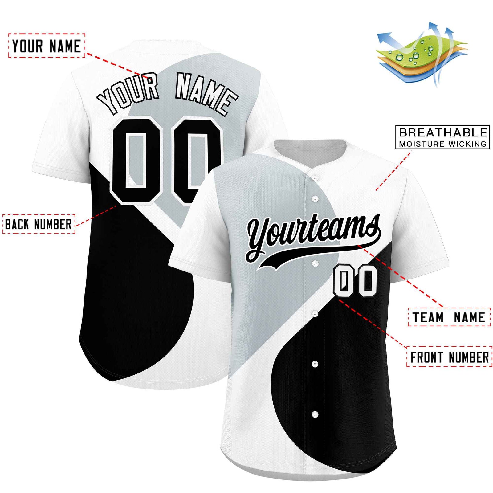 Custom White Silver-Black Color Block Personalized Half Heart Pattern Authentic Baseball Jersey