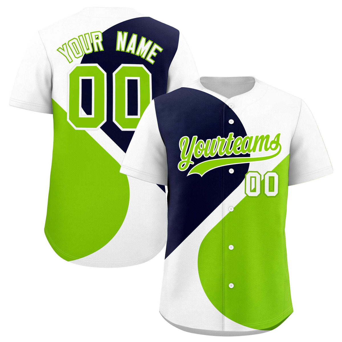 Custom White Navy-Neon Green Color Block Personalized Half Heart Pattern Authentic Baseball Jersey