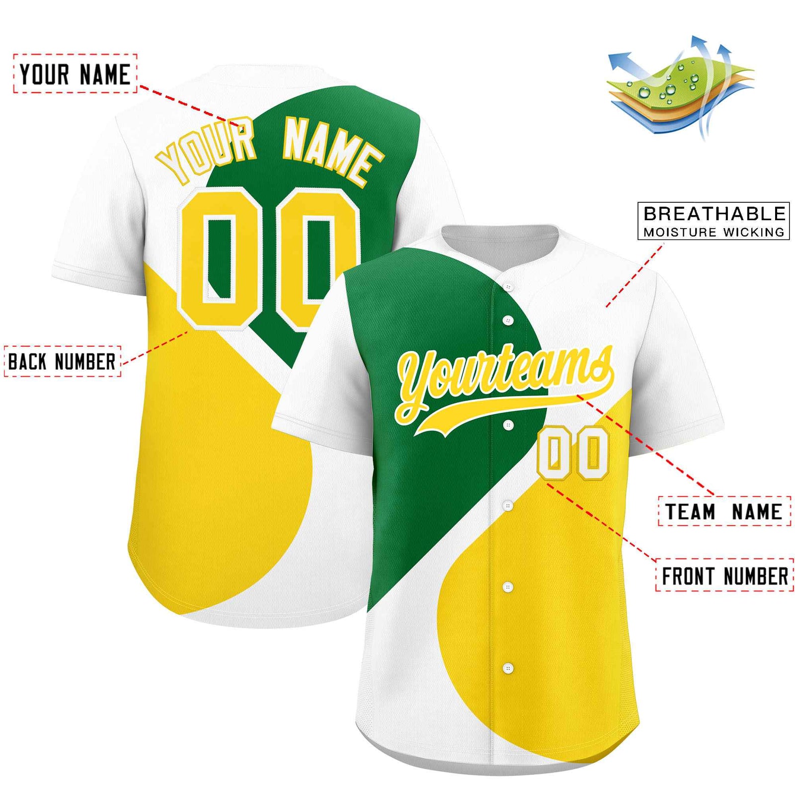 Custom White Kelly Green-Gold Color Block Personalized Half Heart Pattern Authentic Baseball Jersey