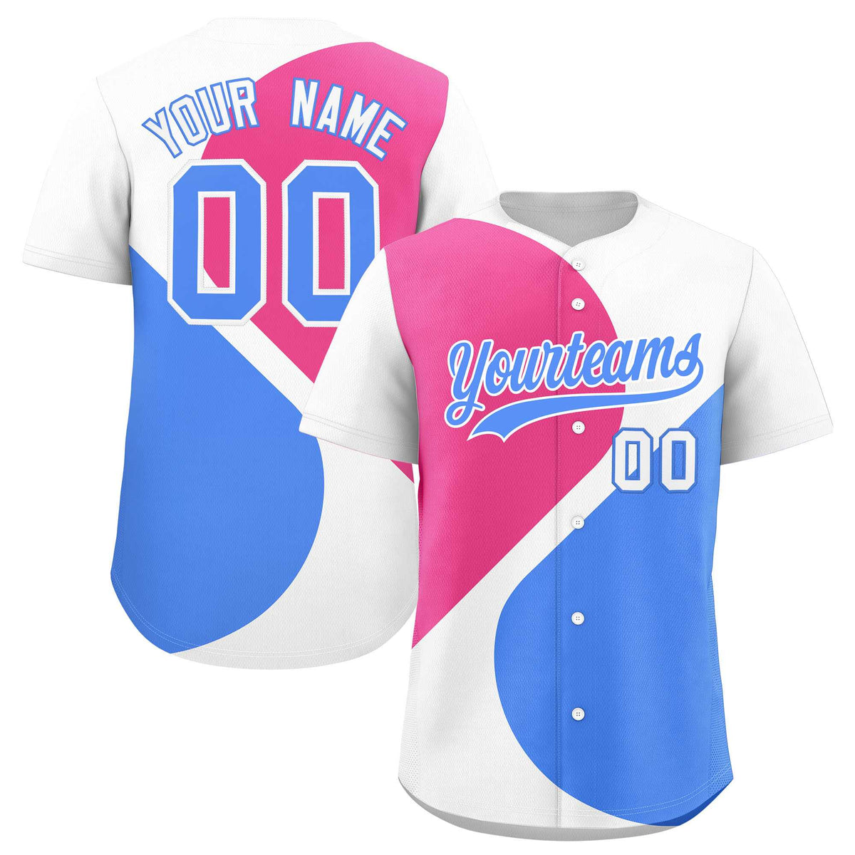 Custom White Pink-Powder Blue Color Block Personalized Half Heart Pattern Authentic Baseball Jersey