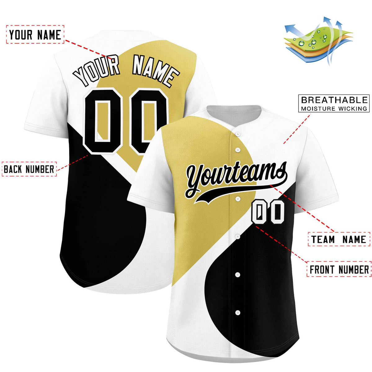 Custom White Old Gold-Black Color Block Personalized Half Heart Pattern Authentic Baseball Jersey