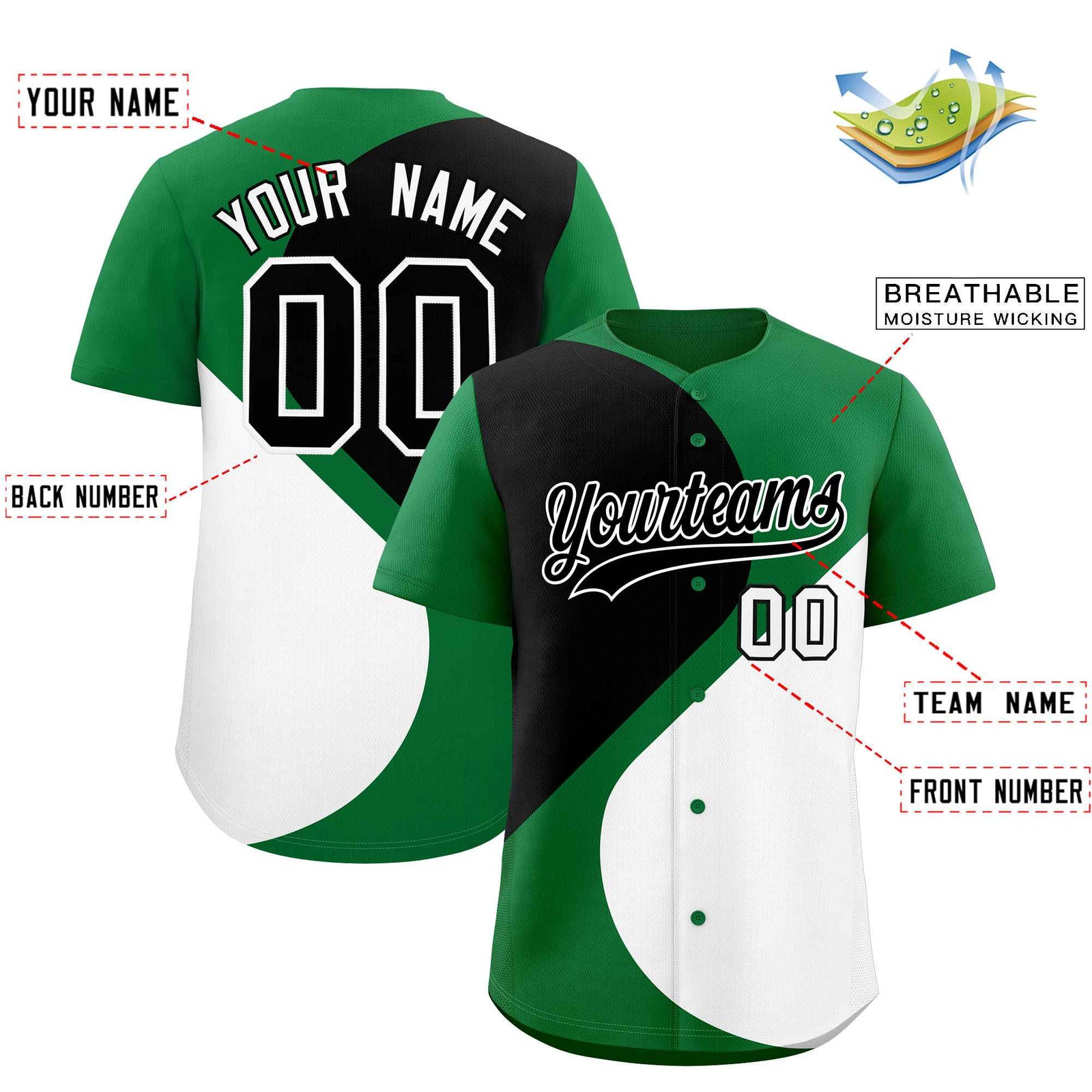 Custom Kelly Green Black-White Color Block Personalized Half Heart Pattern Authentic Baseball Jersey