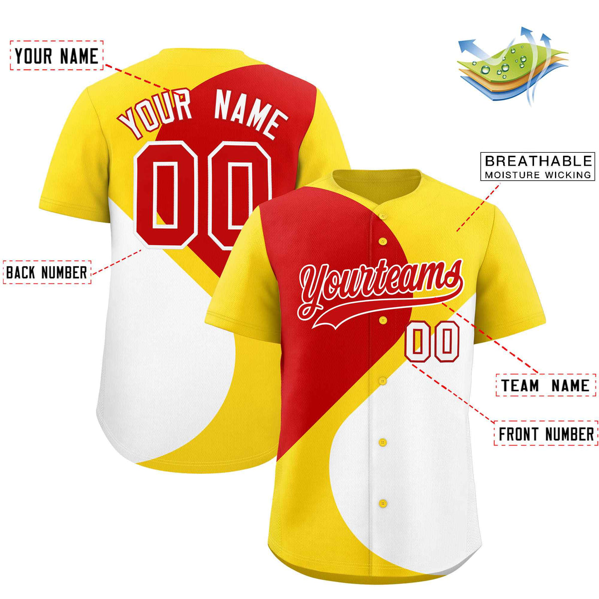 Custom Gold Red-White Color Block Personalized Half Heart Pattern Authentic Baseball Jersey