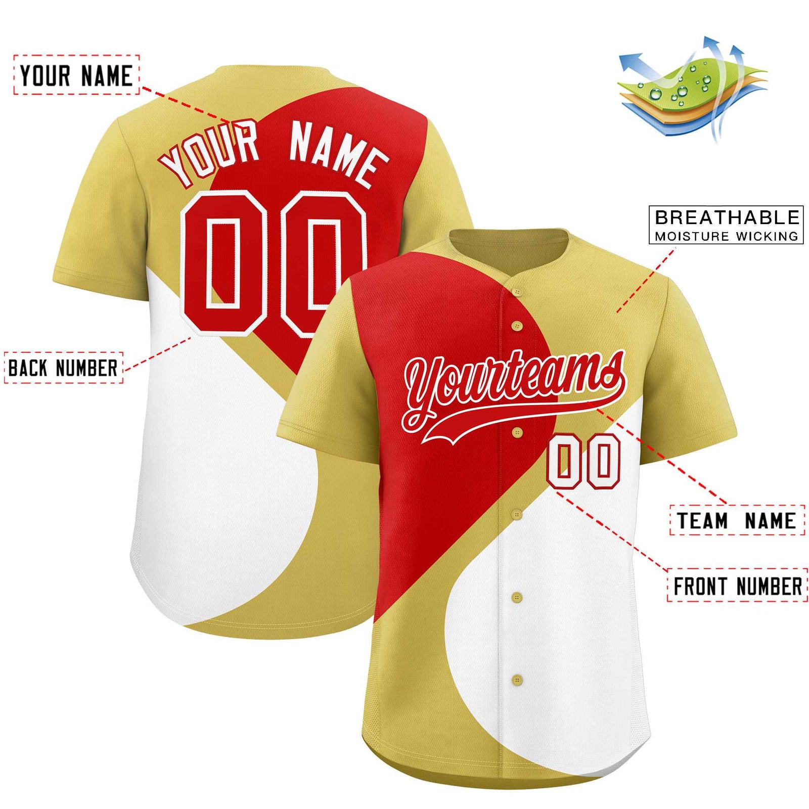 Custom Old Gold Red-White Color Block Personalized Half Heart Pattern Authentic Baseball Jersey