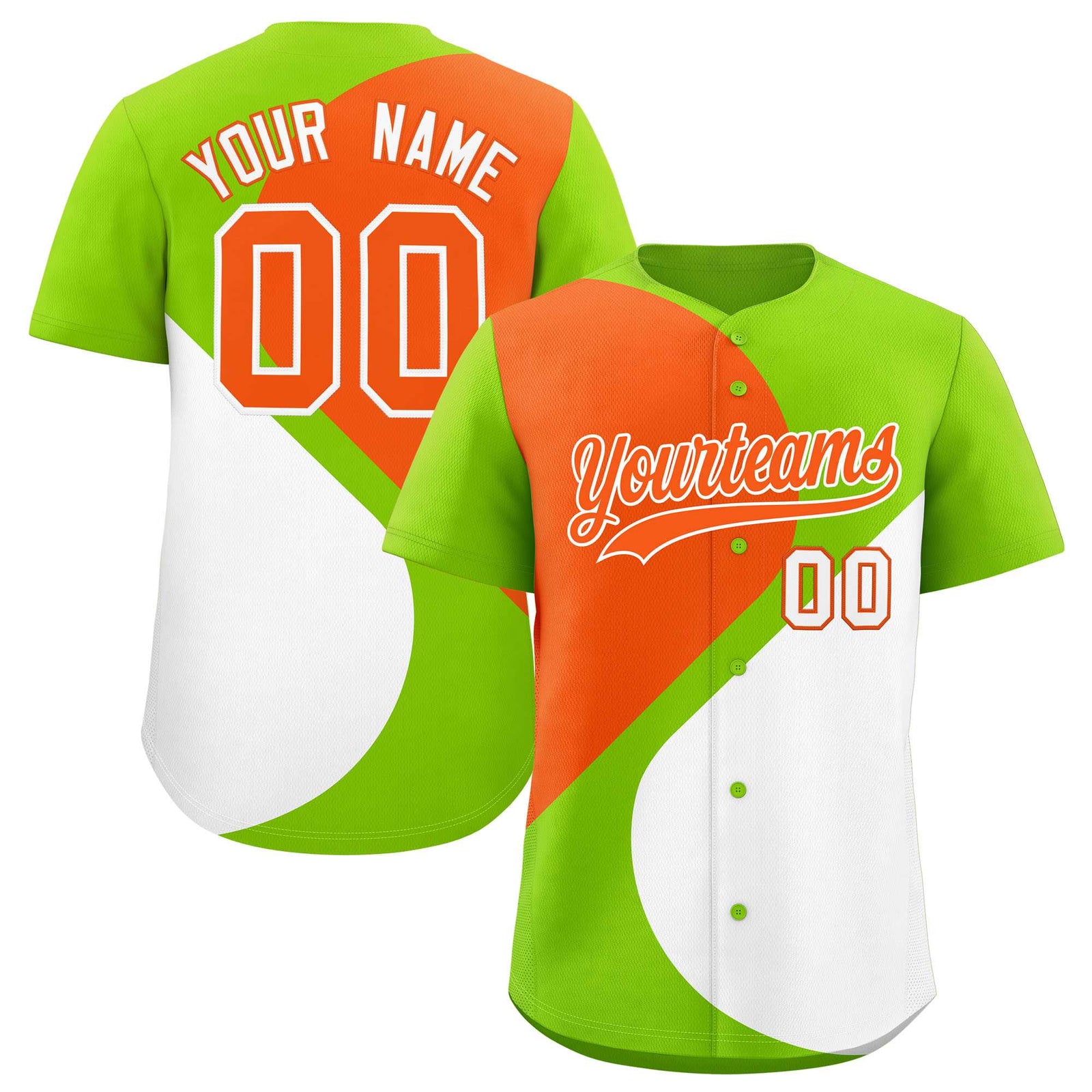 Custom Neon Green Orange-White Color Block Personalized Half Heart Pattern Authentic Baseball Jersey