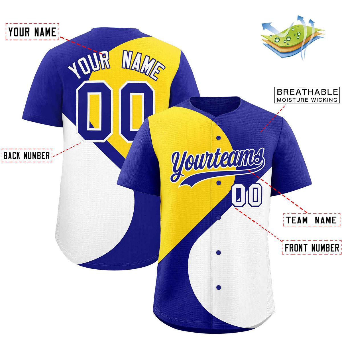 Custom Royal Gold-White Color Block Personalized Half Heart Pattern Authentic Baseball Jersey