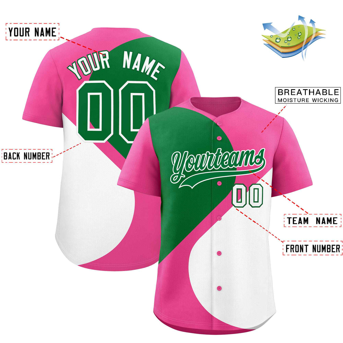 Custom Pink Kelly Green-White Color Block Personalized Half Heart Pattern Authentic Baseball Jersey