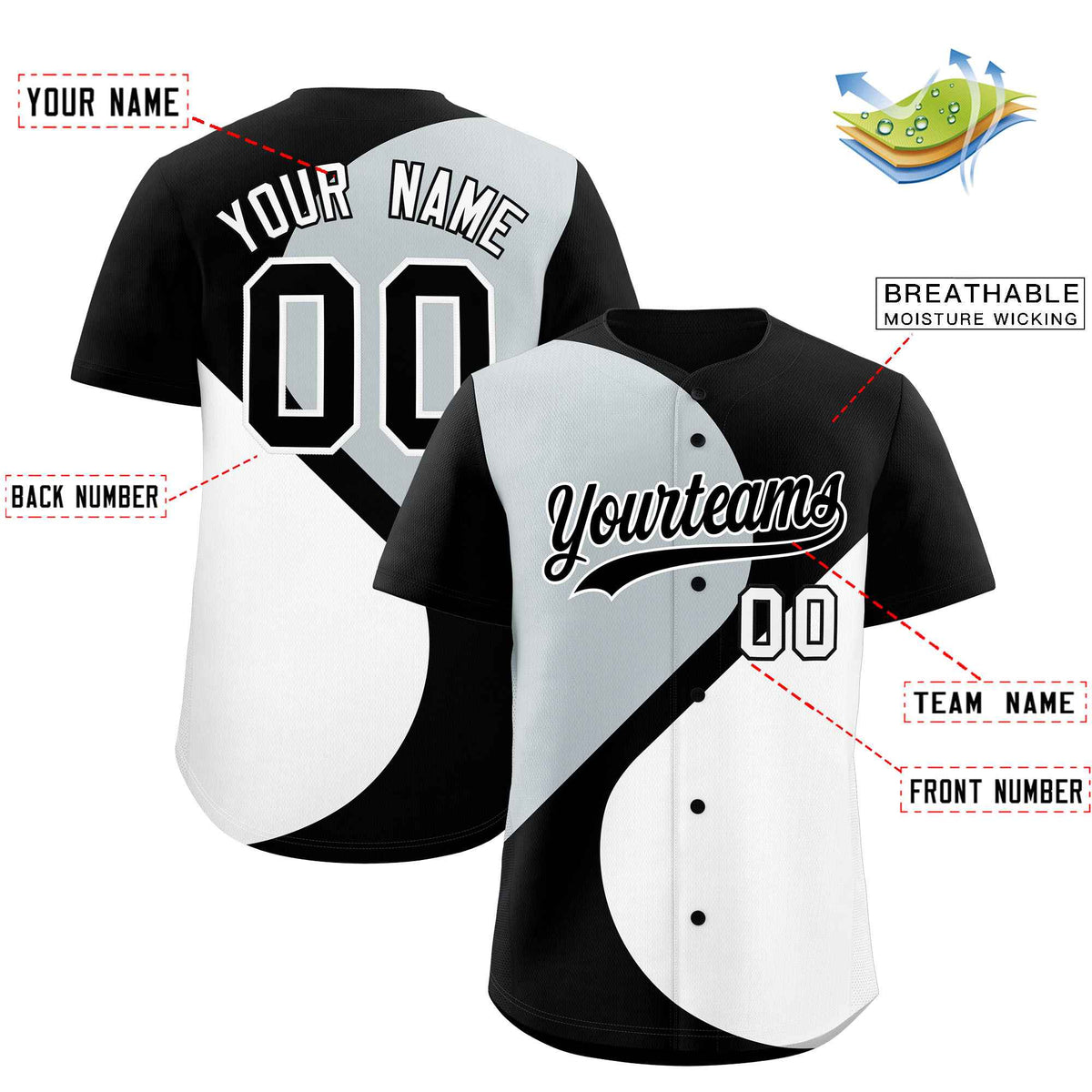 Custom Black Silver-White Color Block Personalized Half Heart Pattern Authentic Baseball Jersey