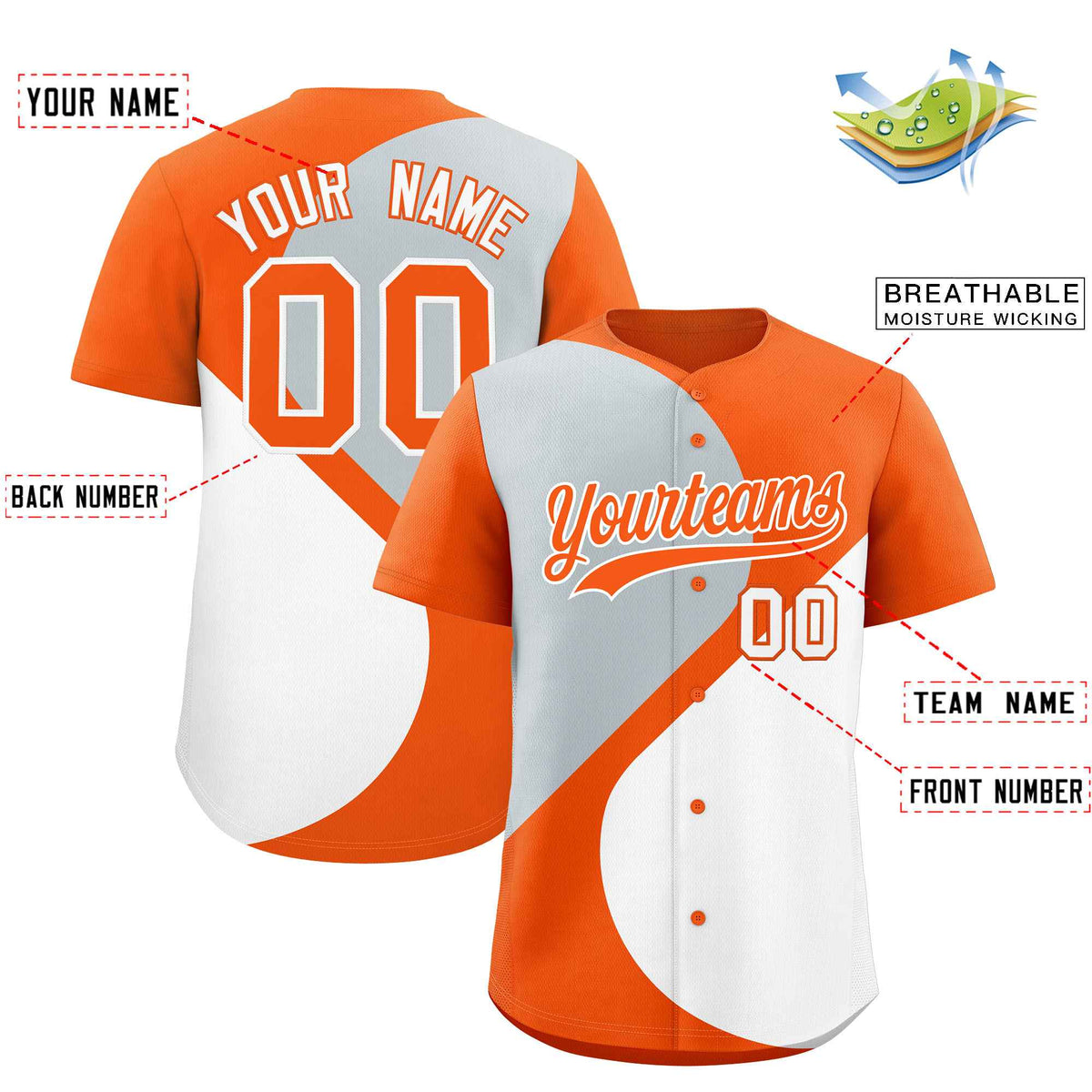 Custom Orange Silver-White Color Block Personalized Half Heart Pattern Authentic Baseball Jersey