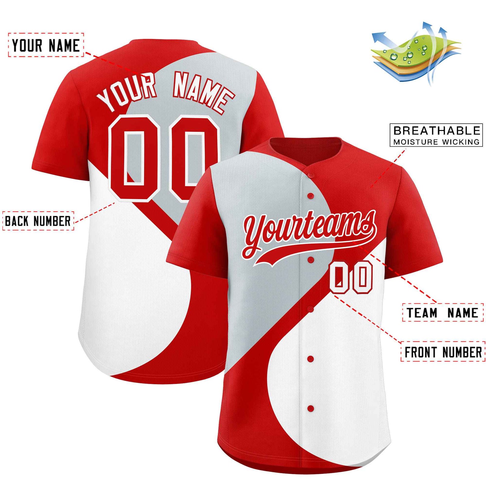 Custom Red Silver-White Color Block Personalized Half Heart Pattern Authentic Baseball Jersey