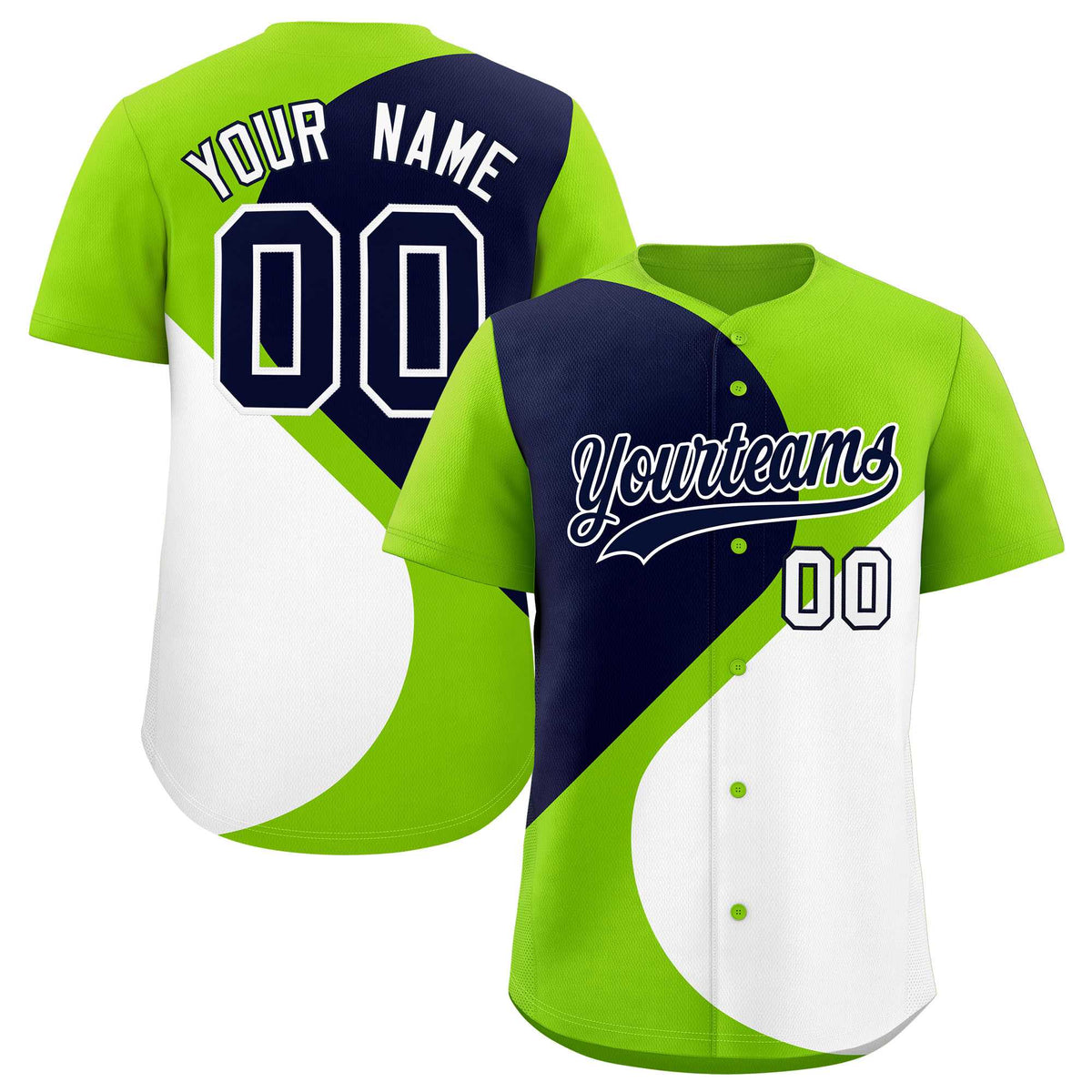 Custom Neon Green Navy-White Color Block Personalized Half Heart Pattern Authentic Baseball Jersey