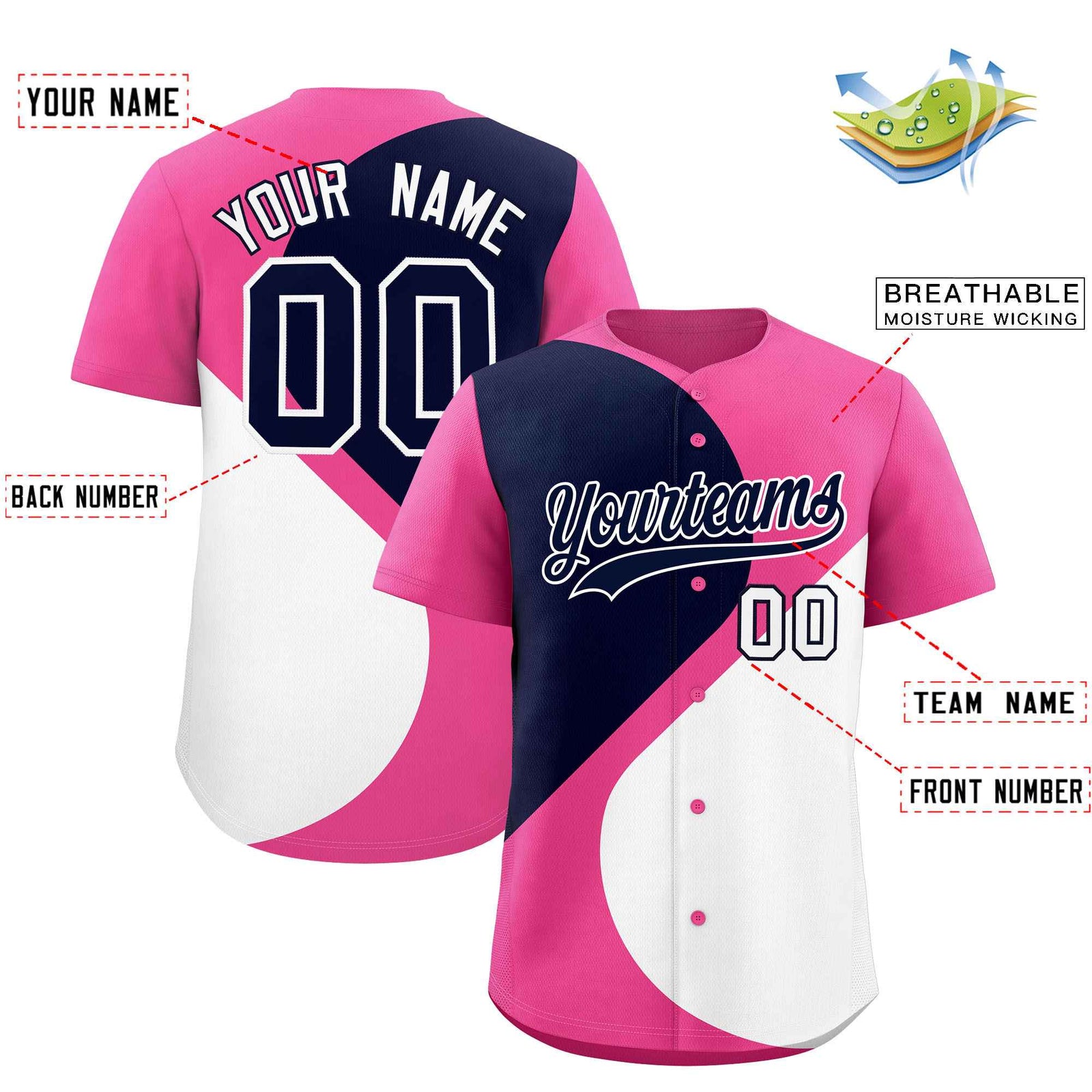 Custom Pink Navy-White Color Block Personalized Half Heart Pattern Authentic Baseball Jersey