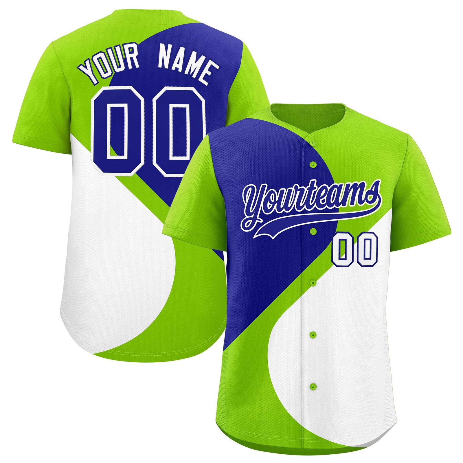 Custom Neon Green Royal-White Color Block Personalized Half Heart Pattern Authentic Baseball Jersey