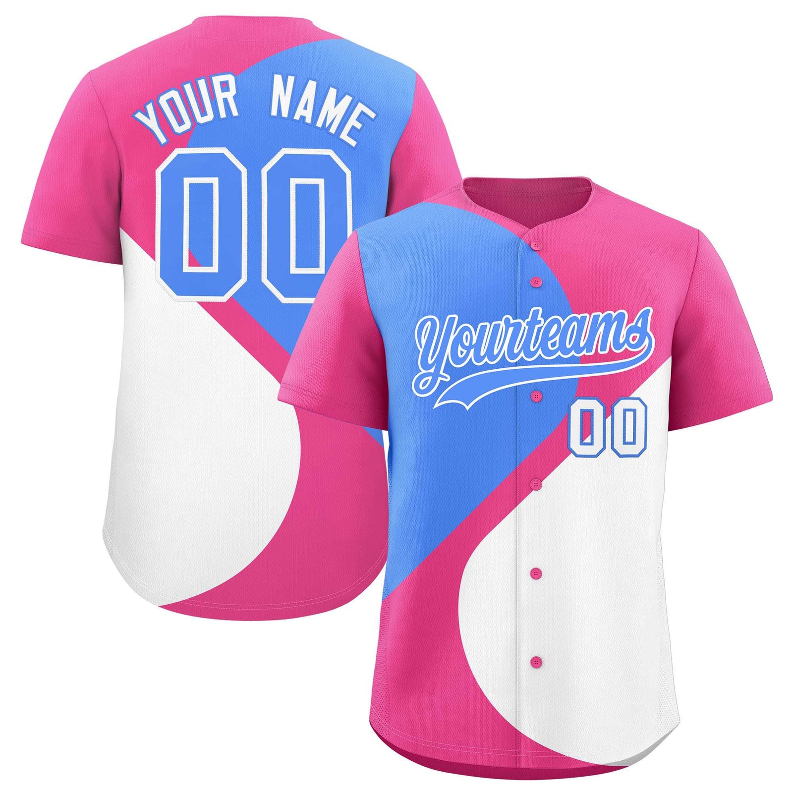 Custom Pink Powder Blue-White Color Block Personalized Half Heart Pattern Authentic Baseball Jersey