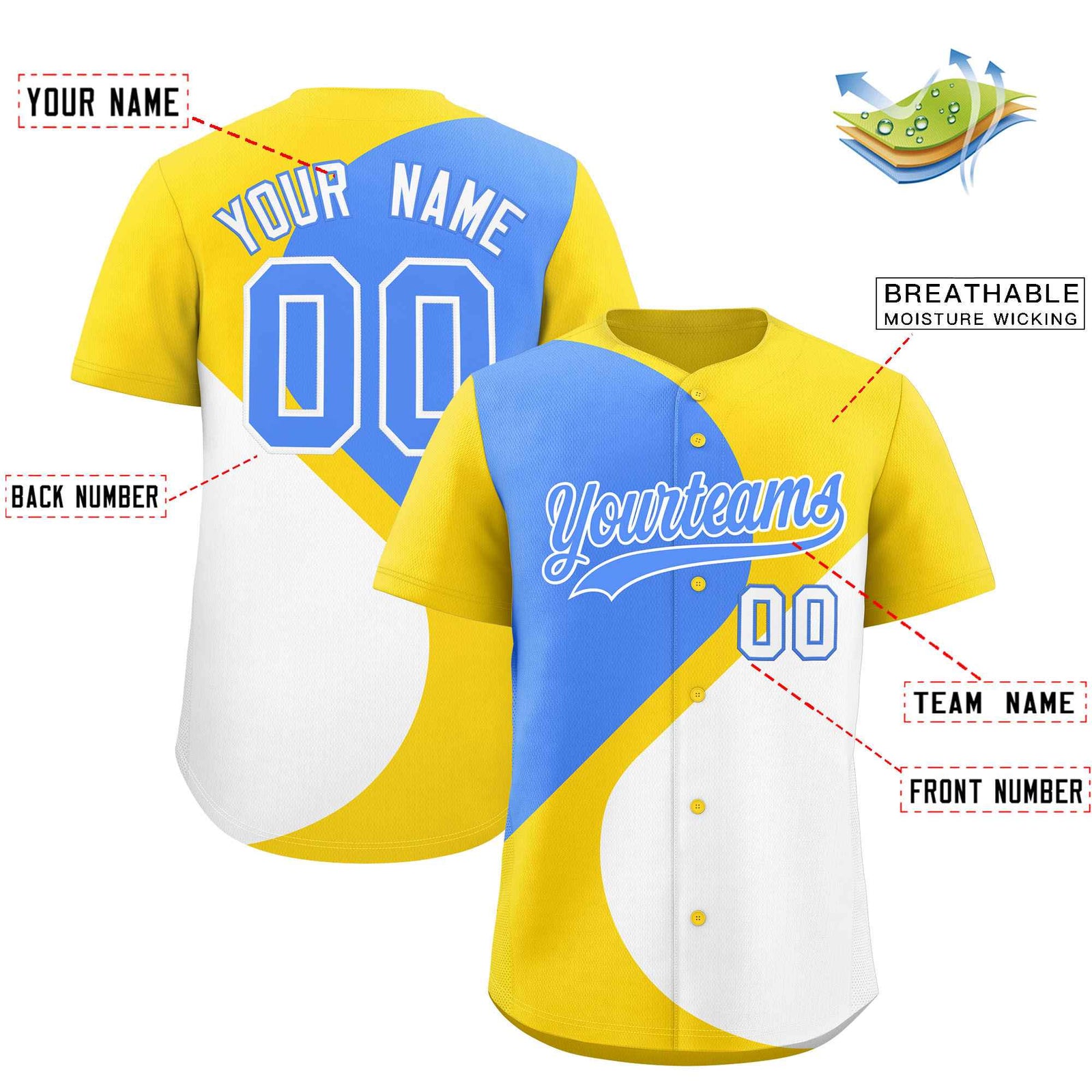 Custom Gold Powder Blue-White Color Block Personalized Half Heart Pattern Authentic Baseball Jersey