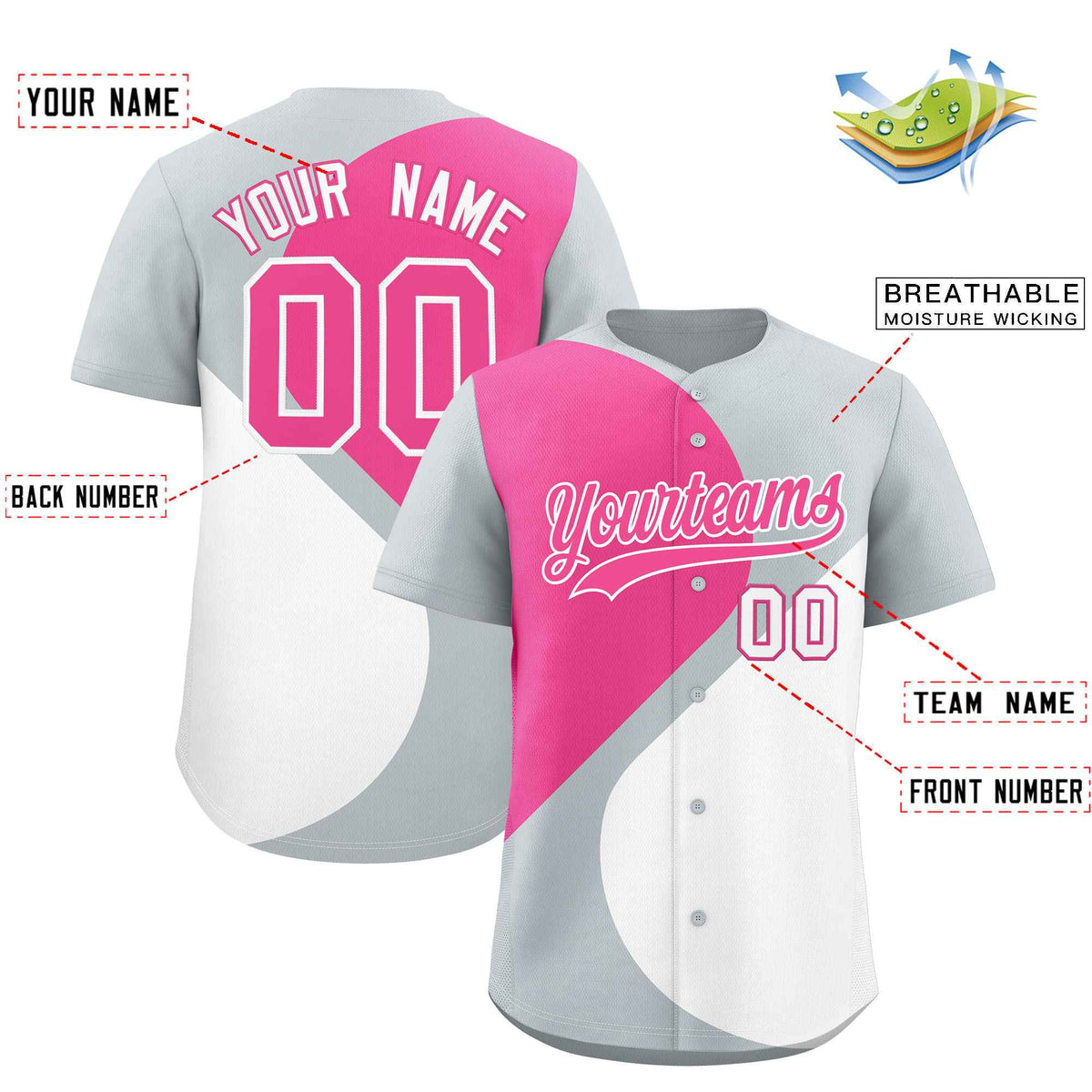 Custom Silver Pink-White Color Block Personalized Half Heart Pattern Authentic Baseball Jersey