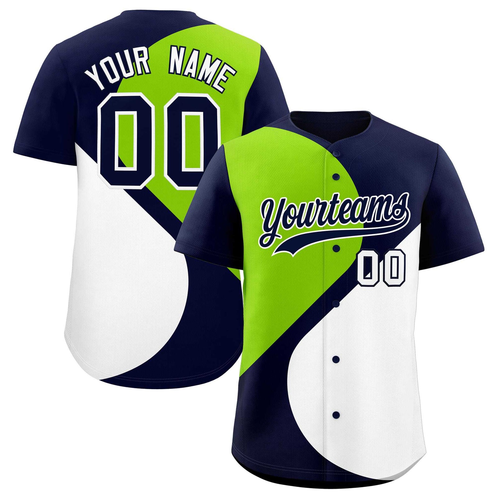Custom Navy Neon Green-White Color Block Personalized Half Heart Pattern Authentic Baseball Jersey