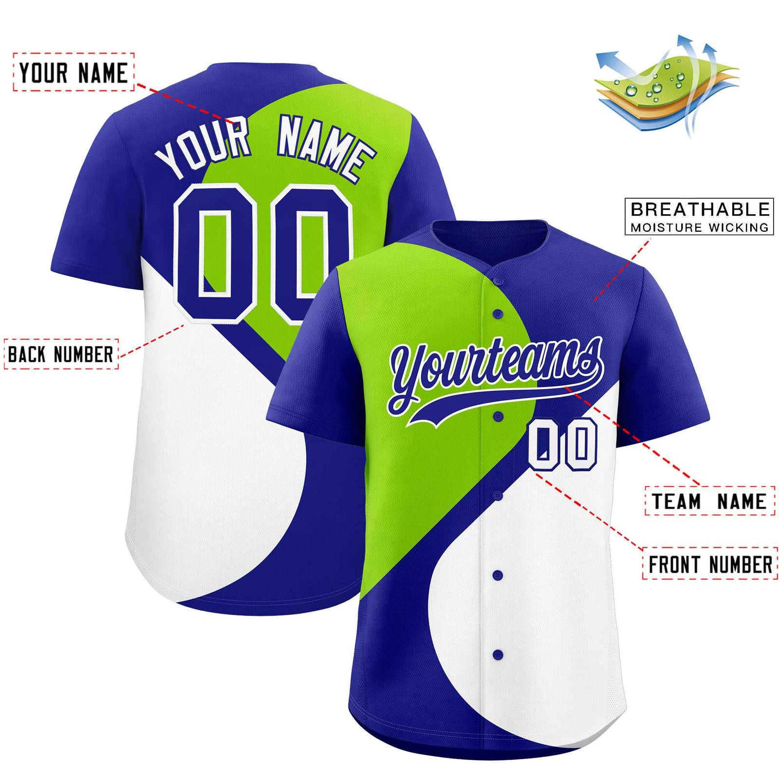Custom Royal Neon Green-White Color Block Personalized Half Heart Pattern Authentic Baseball Jersey