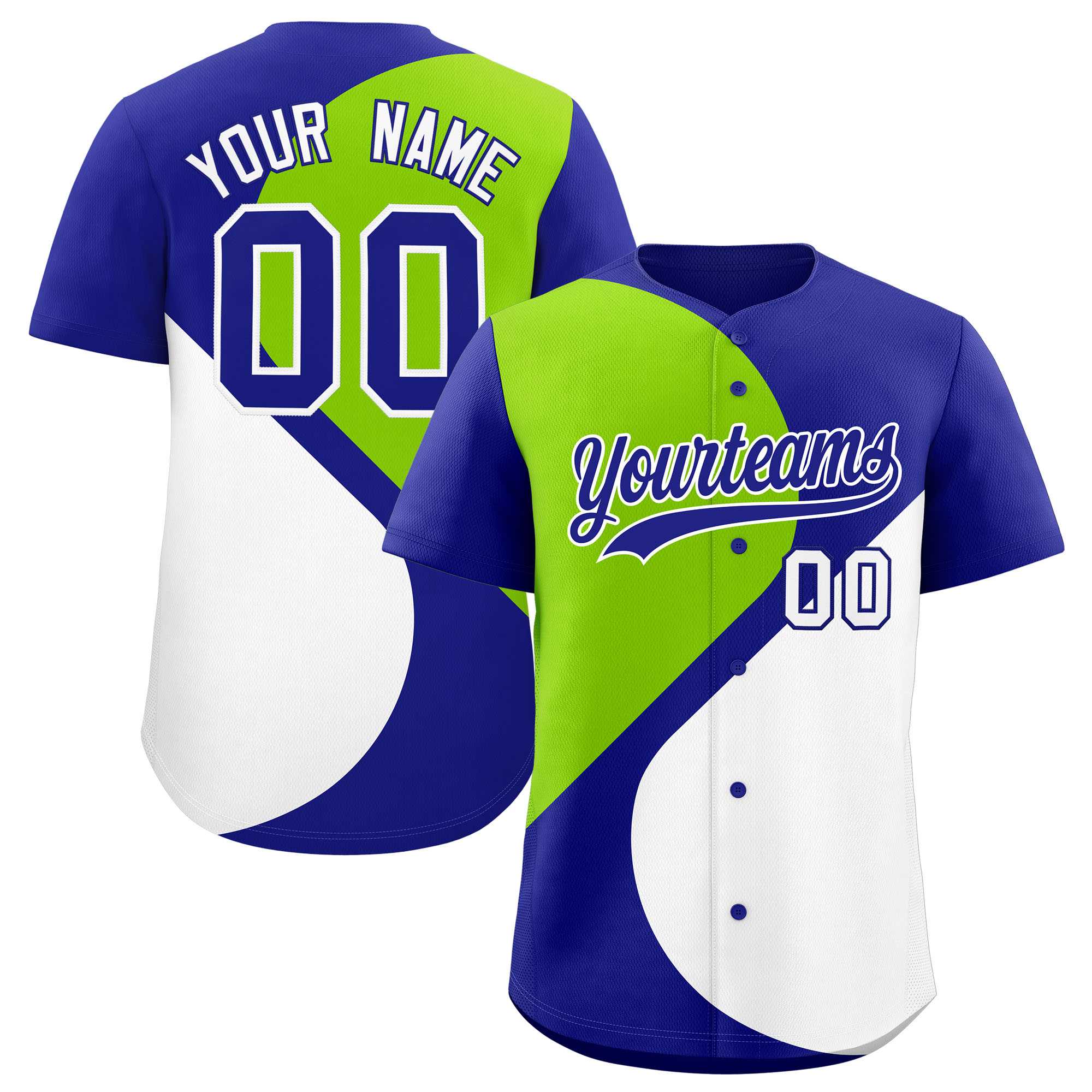 Custom Royal Neon Green-White Color Block Personalized Half Heart Pattern Authentic Baseball Jersey