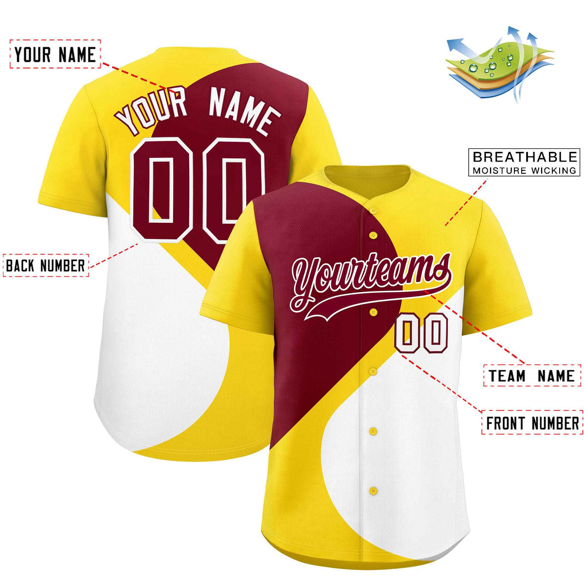 Custom Gold Crimson-White Color Block Personalized Half Heart Pattern Authentic Baseball Jersey