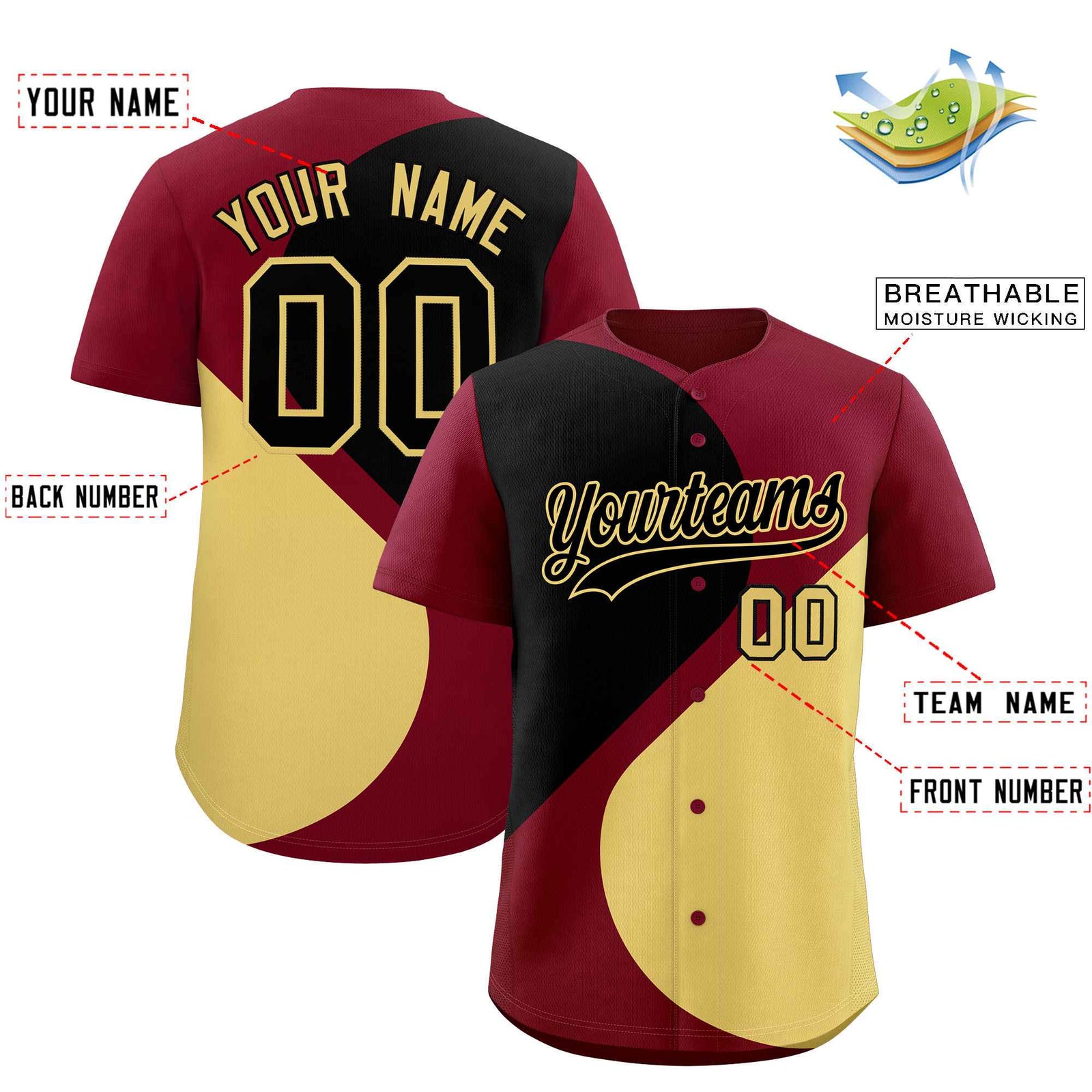Custom Crimson Black-Khaki Color Block Personalized Half Heart Pattern Authentic Baseball Jersey