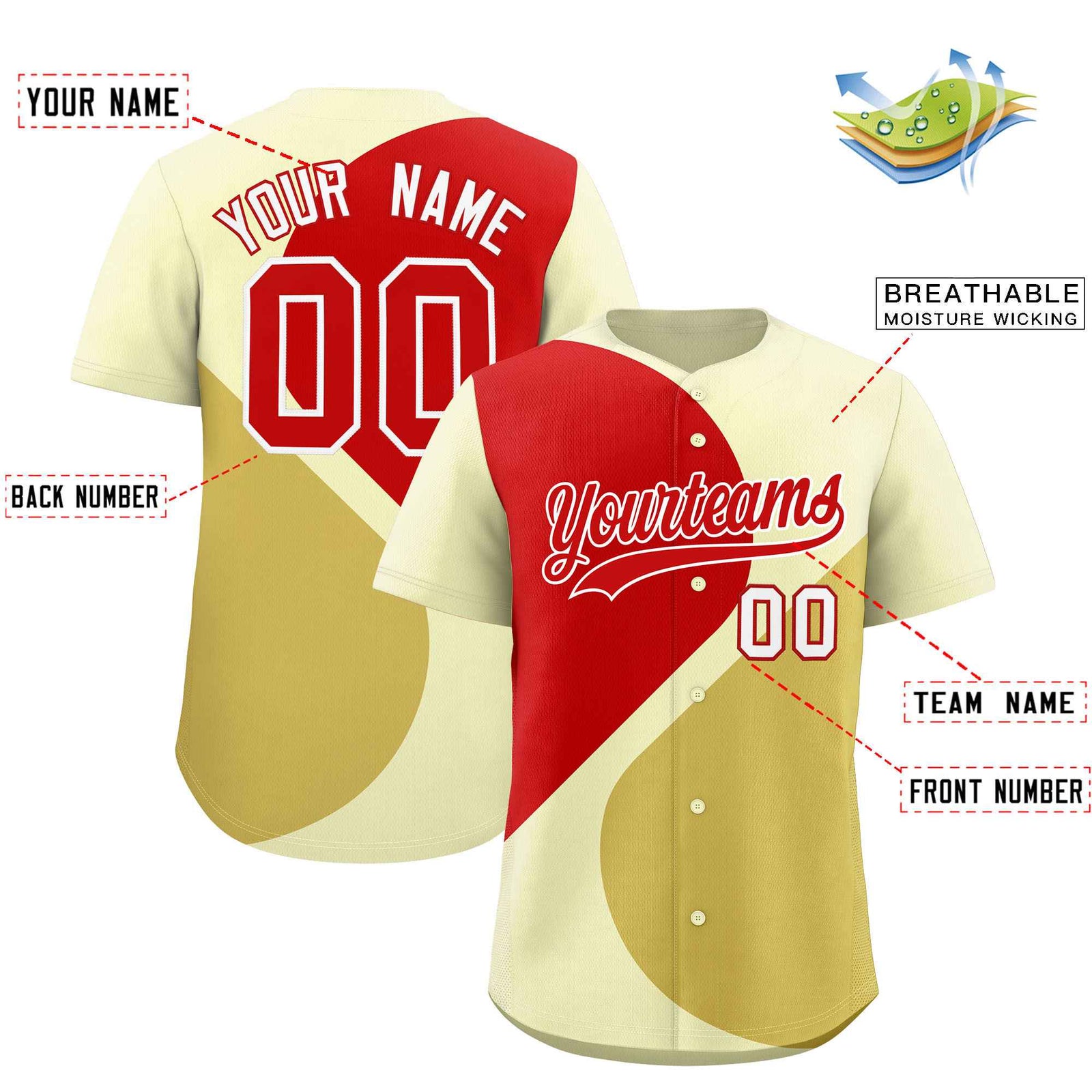 Custom Cream Red-Old Gold Color Block Personalized Half Heart Pattern Authentic Baseball Jersey