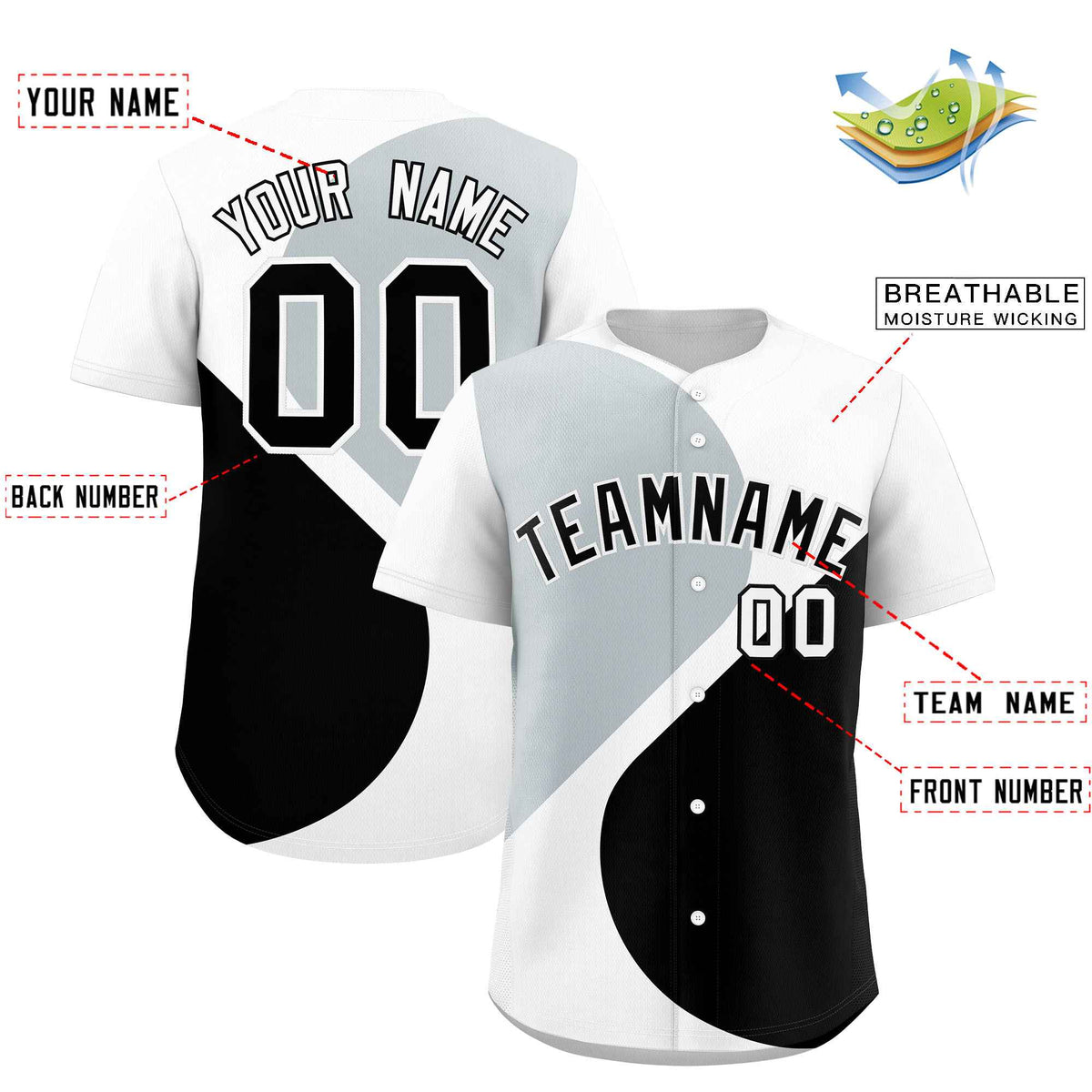 Custom White Silver-Black Color Block Personalized Half Heart Pattern Authentic Baseball Jersey