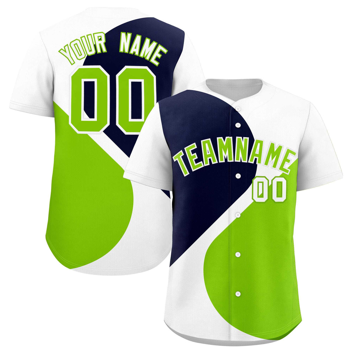 Custom White Navy-Neon Green Color Block Personalized Half Heart Pattern Authentic Baseball Jersey