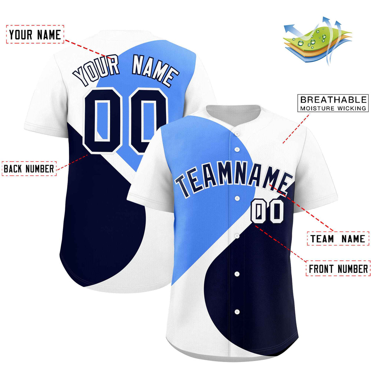 Custom White Powder Blue-Navy Color Block Personalized Half Heart Pattern Authentic Baseball Jersey