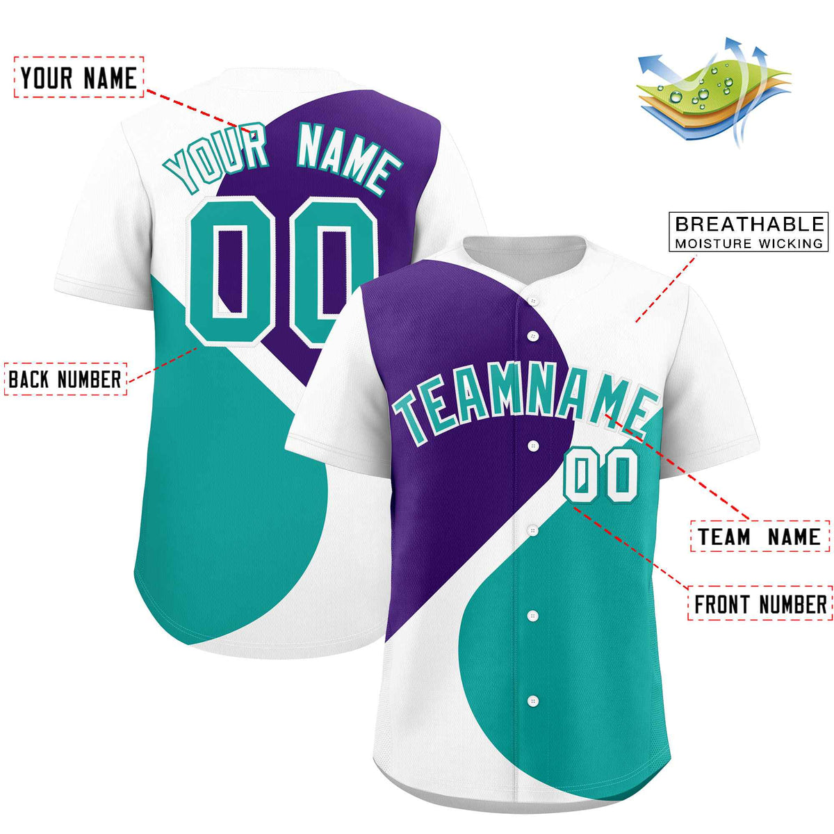 Custom White Purple-Aqua Color Block Personalized Half Heart Pattern Authentic Baseball Jersey