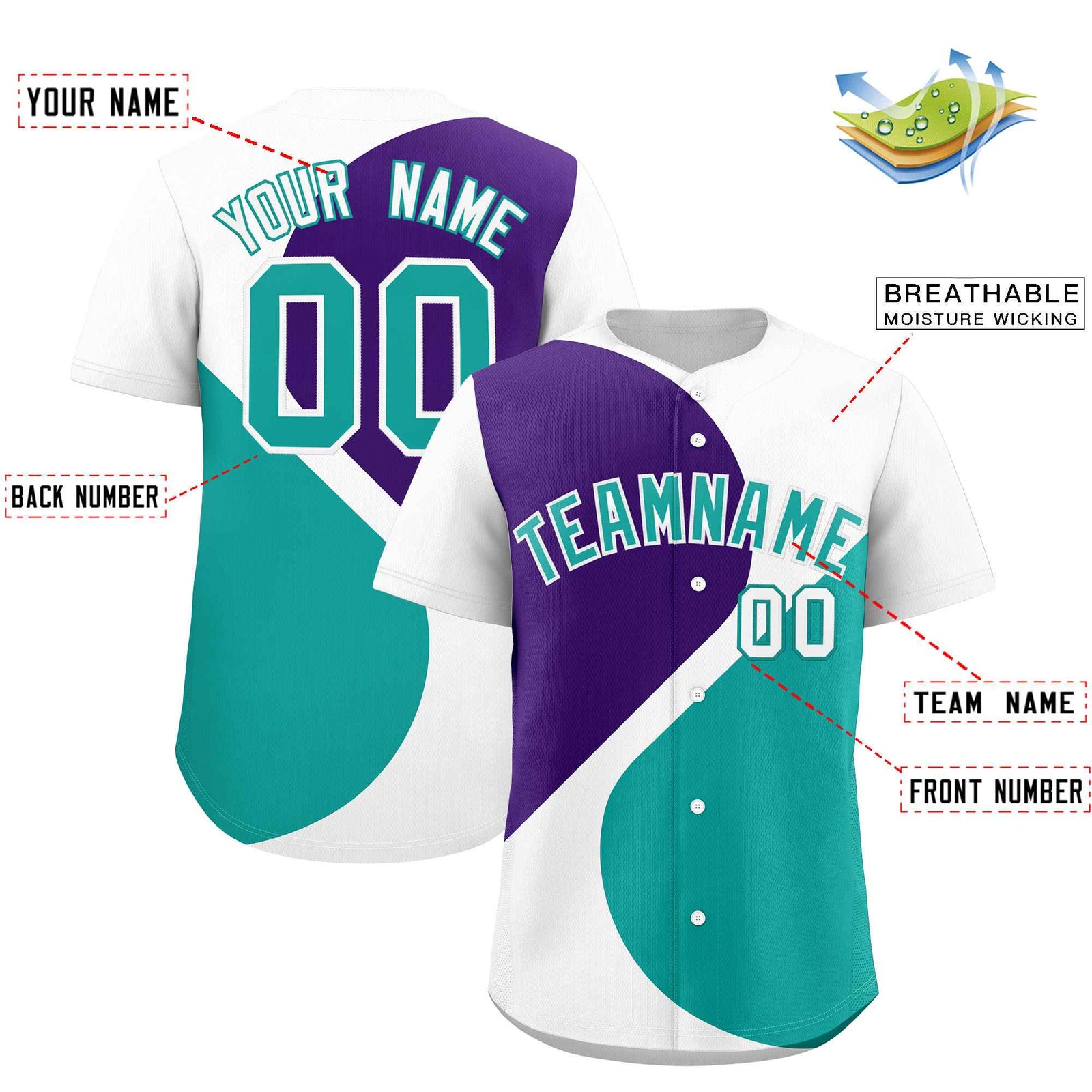 Custom White Purple-Aqua Color Block Personalized Half Heart Pattern Authentic Baseball Jersey