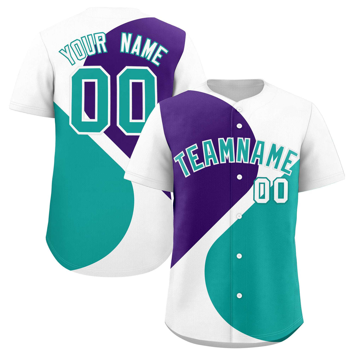 Custom White Purple-Aqua Color Block Personalized Half Heart Pattern Authentic Baseball Jersey