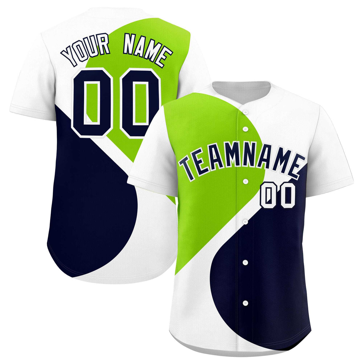 Custom White Neon Green-Navy Color Block Personalized Half Heart Pattern Authentic Baseball Jersey
