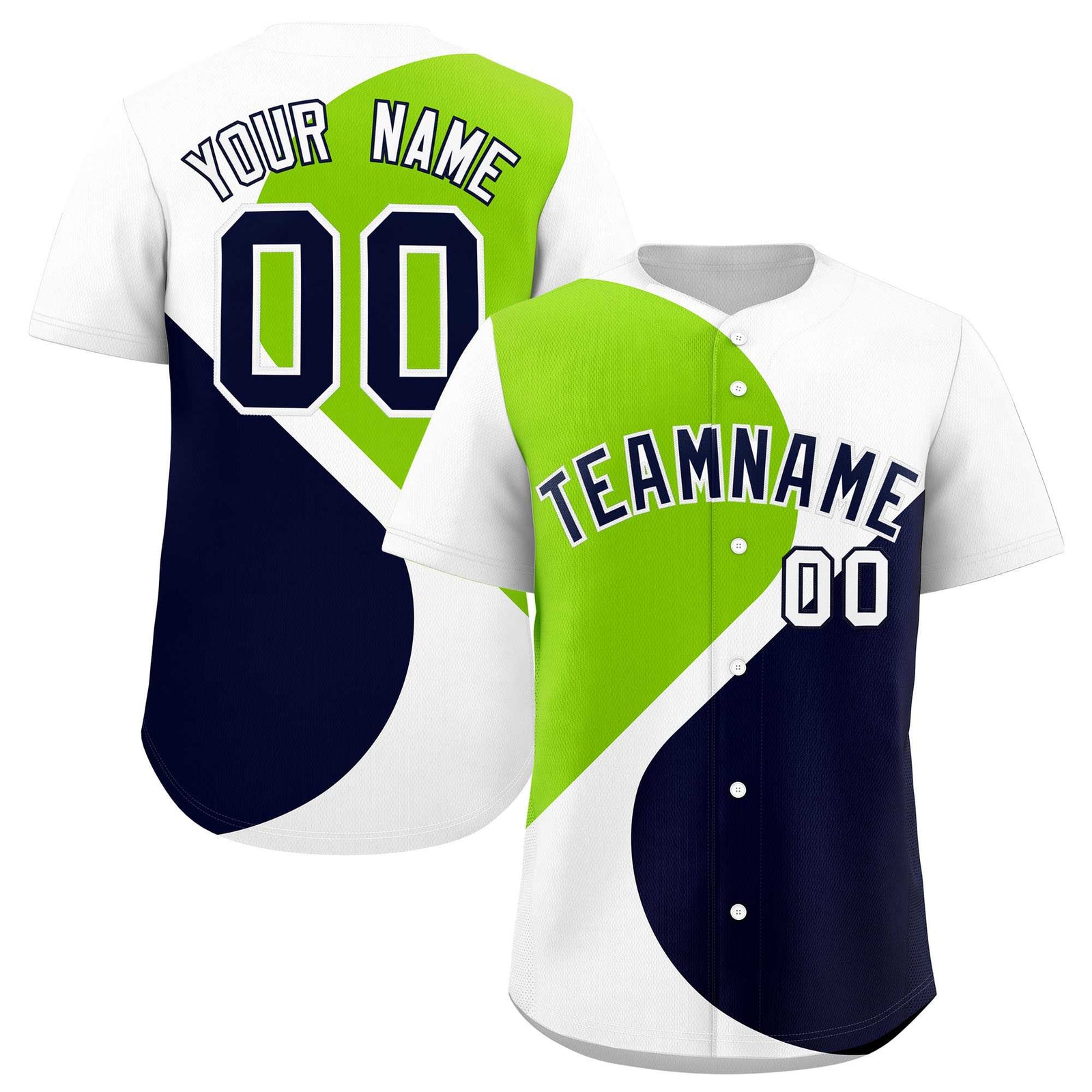 Custom White Neon Green-Navy Color Block Personalized Half Heart Pattern Authentic Baseball Jersey