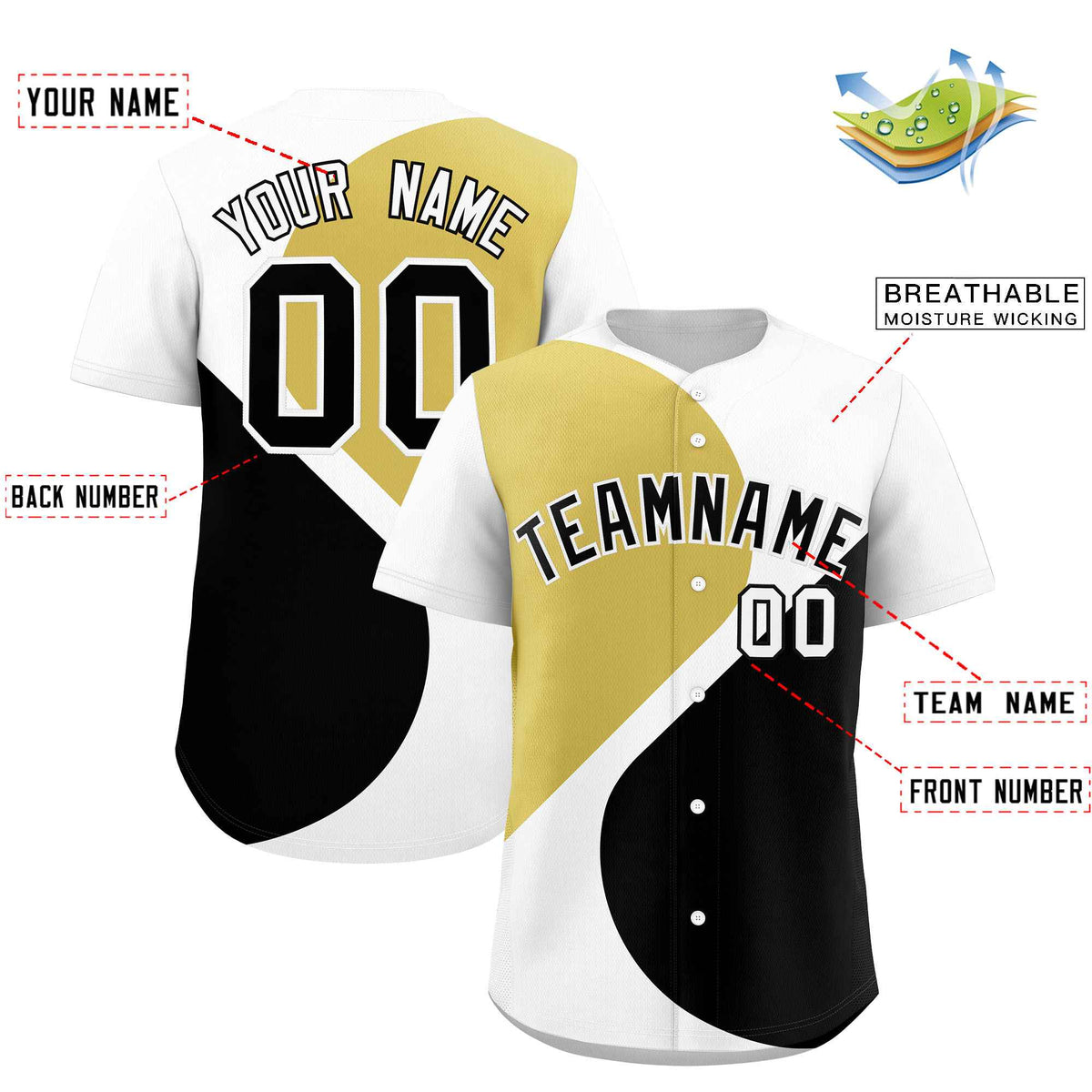 Custom White Old Gold-Black Color Block Personalized Half Heart Pattern Authentic Baseball Jersey