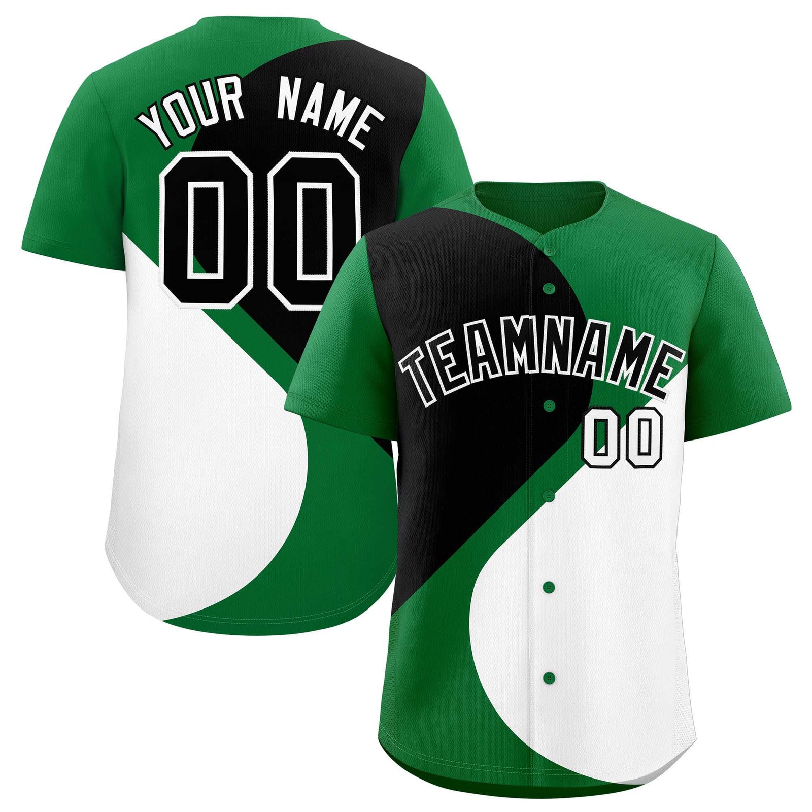 Custom Kelly Green Black-White Color Block Personalized Half Heart Pattern Authentic Baseball Jersey