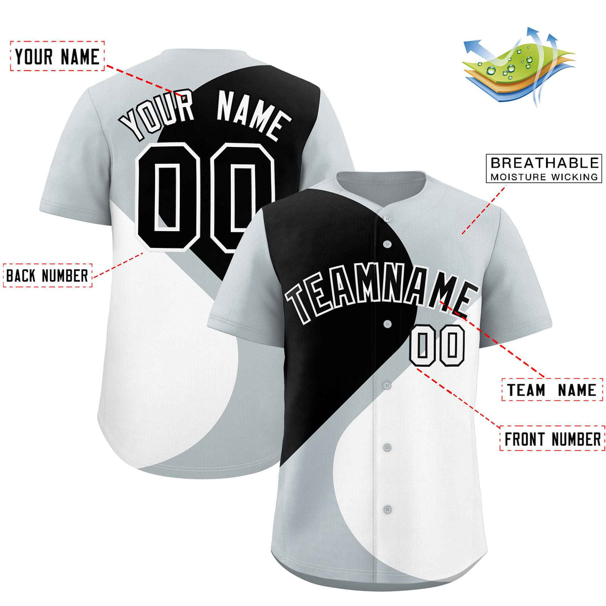 Custom Silver Black-White Color Block Personalized Half Heart Pattern Authentic Baseball Jersey