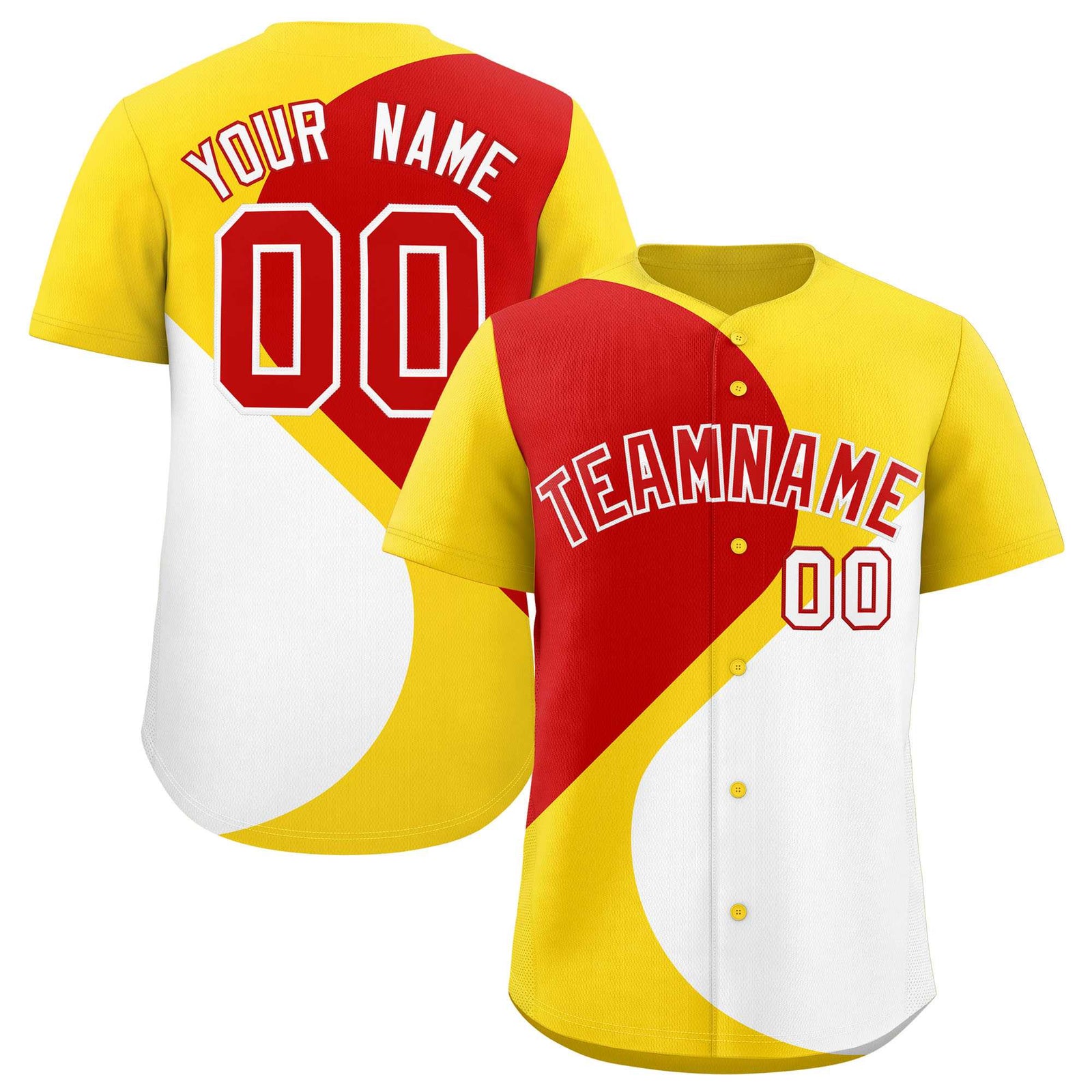 Custom Gold Red-White Color Block Personalized Half Heart Pattern Authentic Baseball Jersey