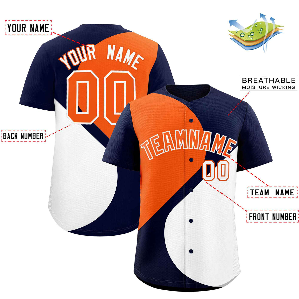 Custom Navy Orange-White Color Block Personalized Half Heart Pattern Authentic Baseball Jersey