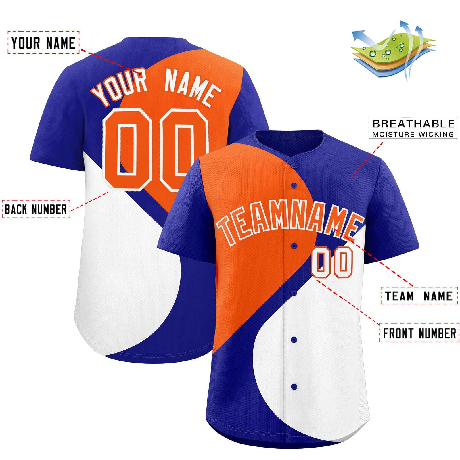 Custom Royal Orange-White Color Block Personalized Half Heart Pattern Authentic Baseball Jersey