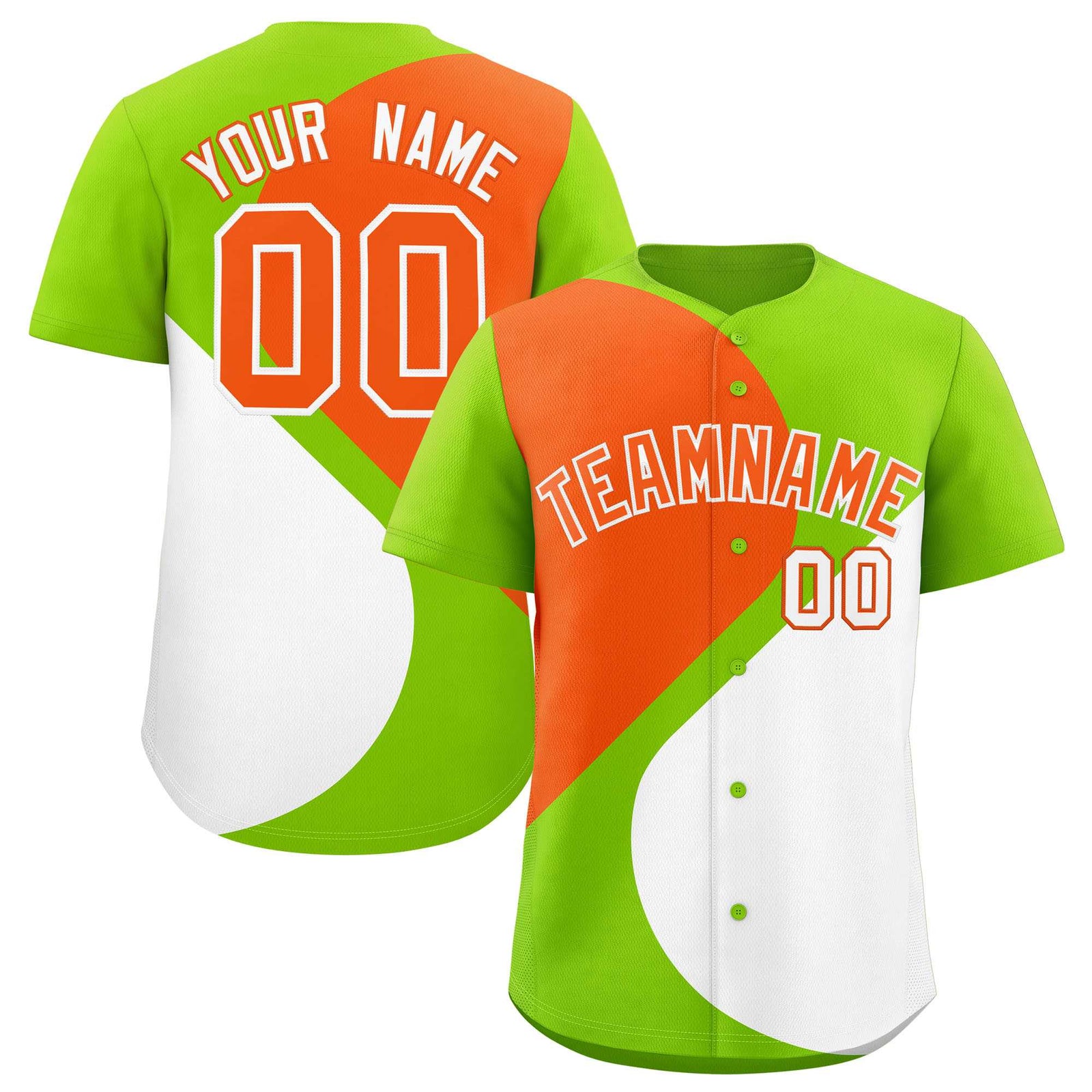 Custom Neon Green Orange-White Color Block Personalized Half Heart Pattern Authentic Baseball Jersey