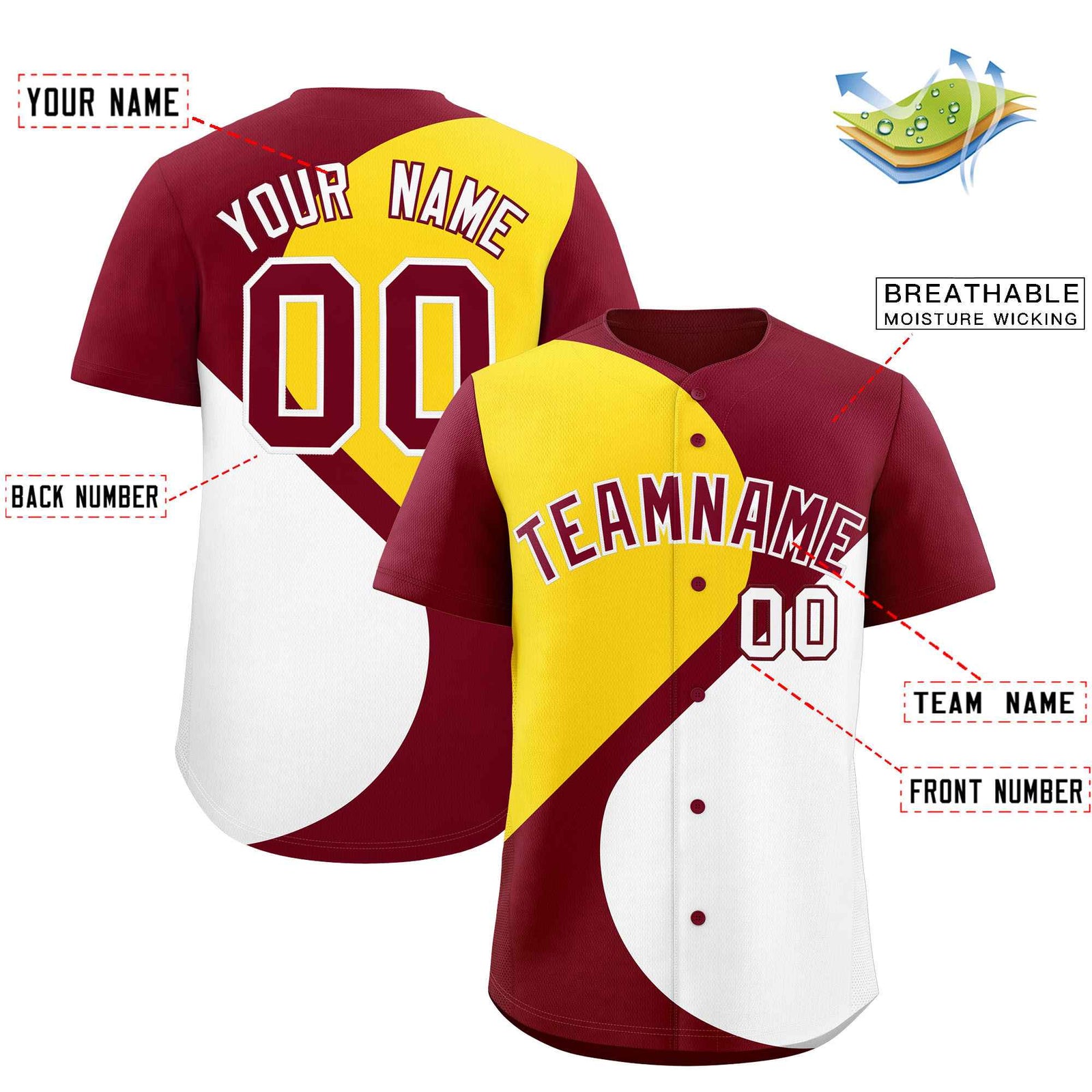 Custom Crimson Gold-White Color Block Personalized Half Heart Pattern Authentic Baseball Jersey