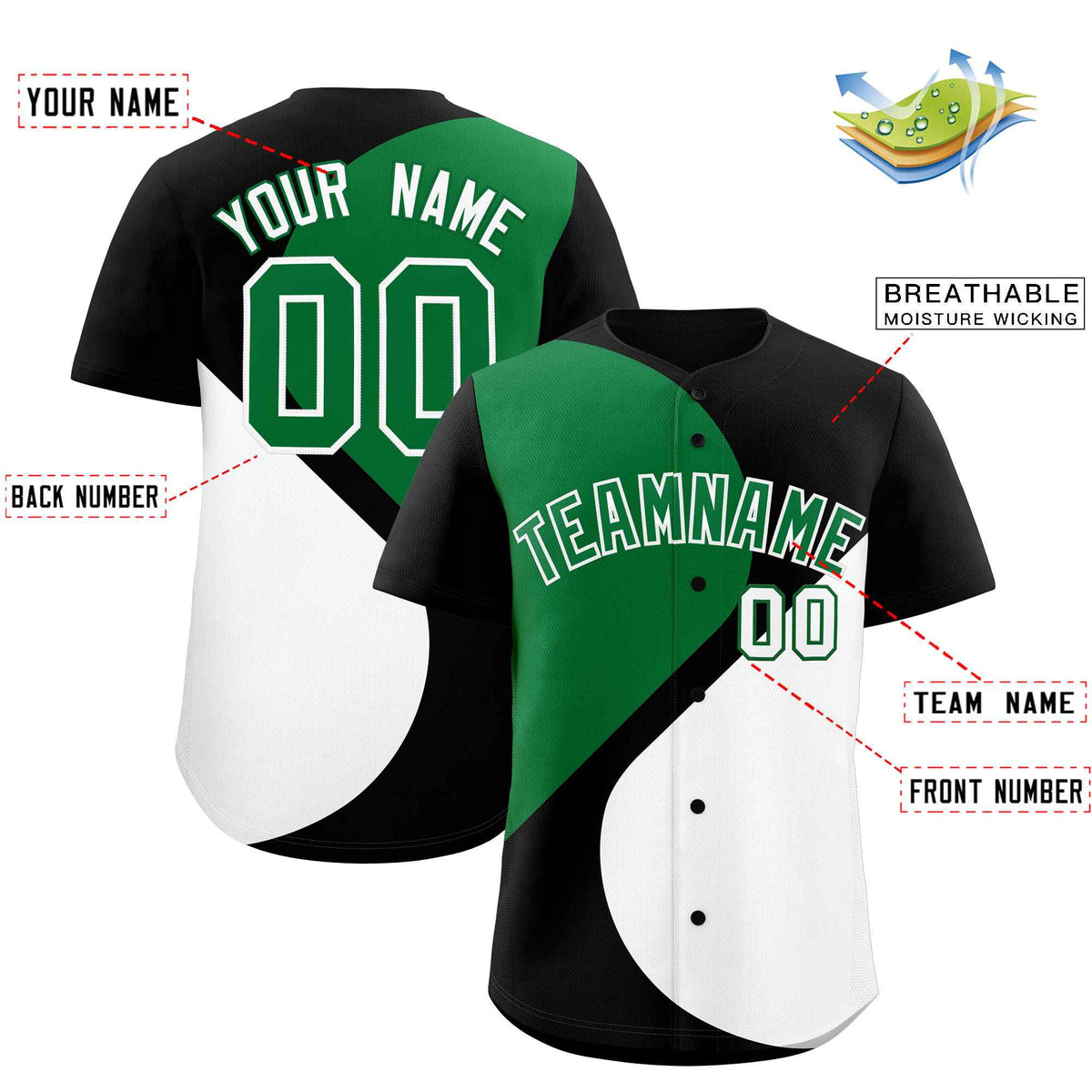 Custom Black Kelly Green-White Color Block Personalized Half Heart Pattern Authentic Baseball Jersey
