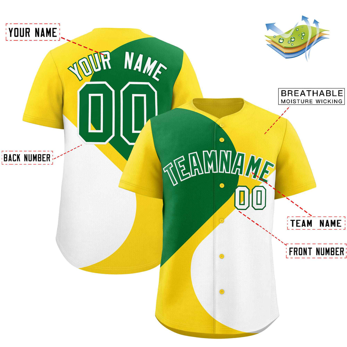 Custom Gold Kelly Green-White Color Block Personalized Half Heart Pattern Authentic Baseball Jersey