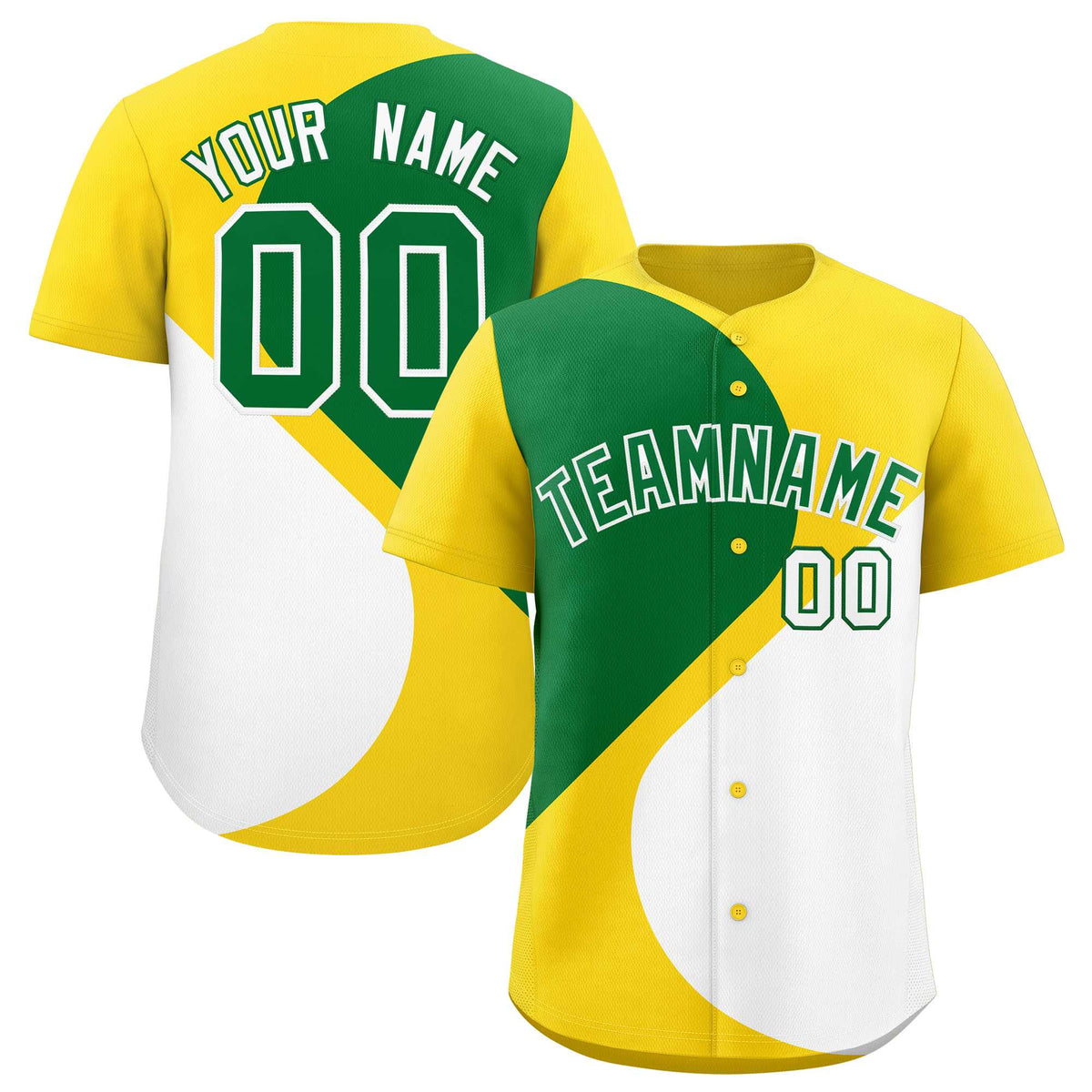 Custom Gold Kelly Green-White Color Block Personalized Half Heart Pattern Authentic Baseball Jersey