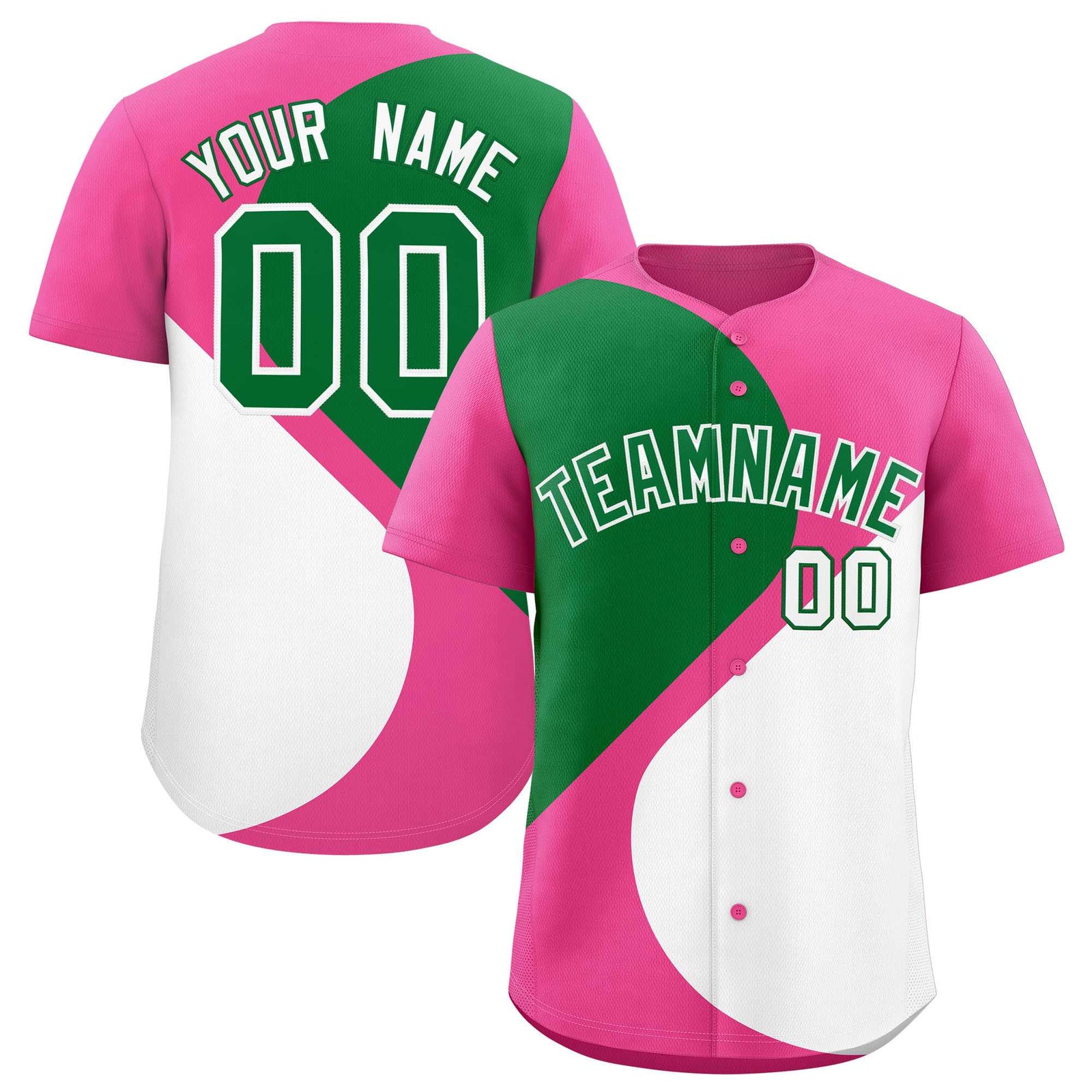 Custom Pink Kelly Green-White Color Block Personalized Half Heart Pattern Authentic Baseball Jersey