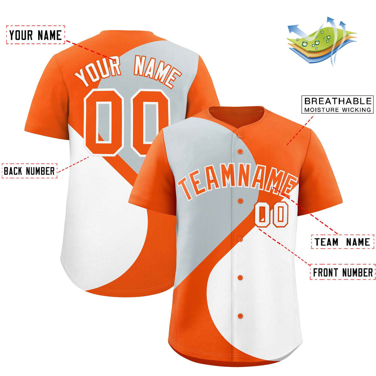 Custom Orange Silver-White Color Block Personalized Half Heart Pattern Authentic Baseball Jersey