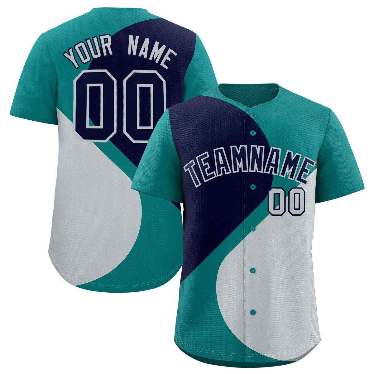 Custom Aqua Navy-Silver Color Block Personalized Half Heart Pattern Authentic Baseball Jersey